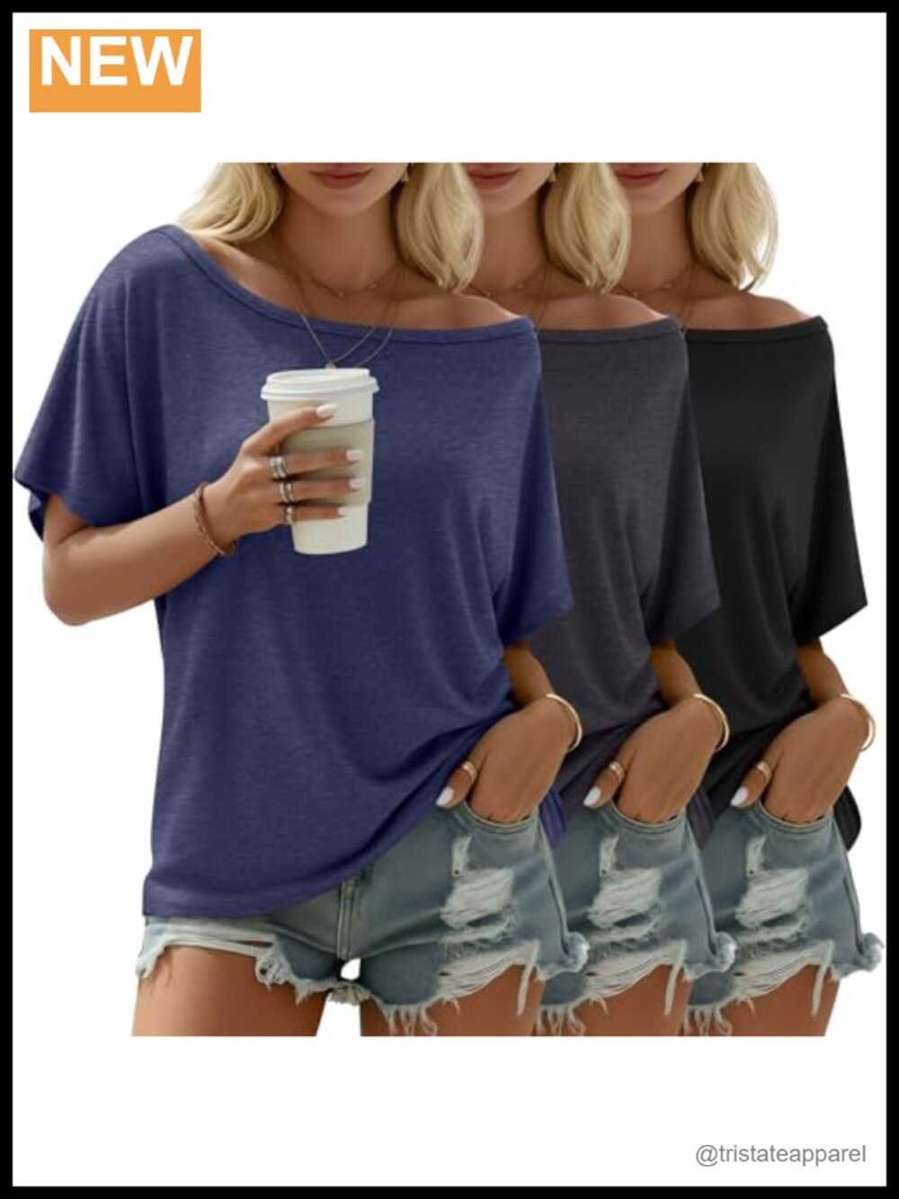 Women's Off Shoulder Bat Sleeve Tunic Top 3 Pack Soft Stretchy